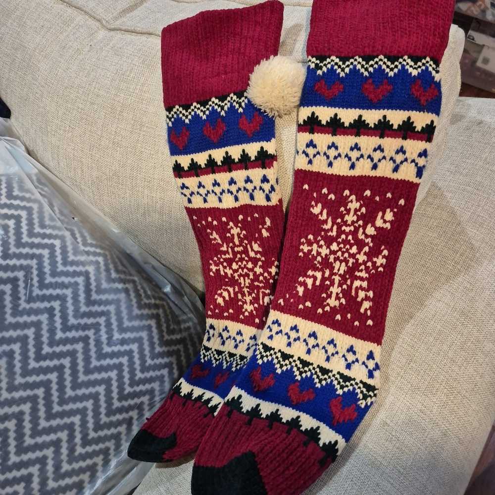 Cozy Red, Blue and Cream Knit Stockings with Heart Pattern Set